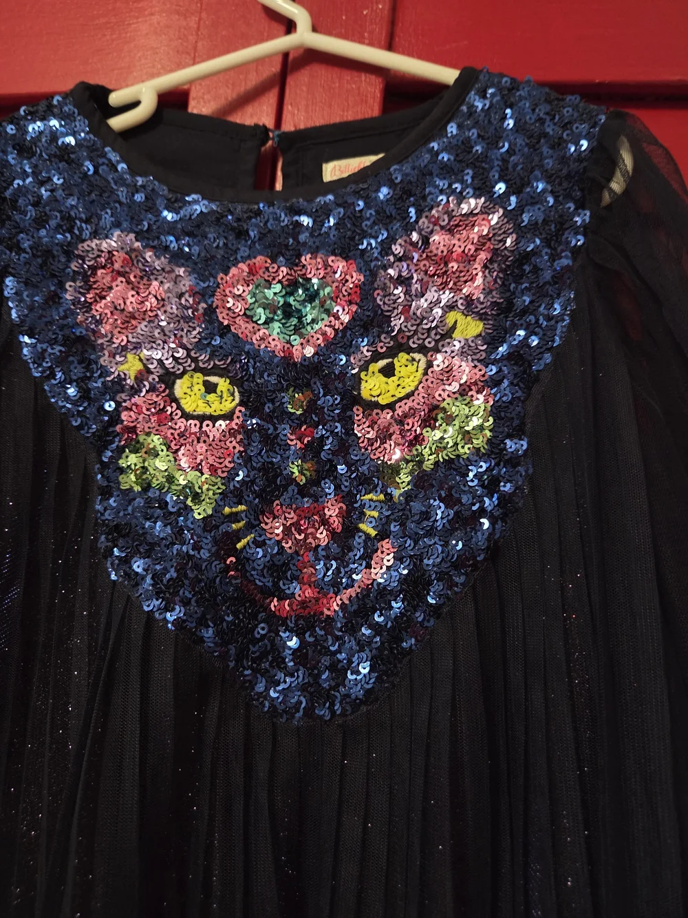 Billieblush Navy Blue Sequin Tulle Dress with Multicolor Sequin Cat Motif